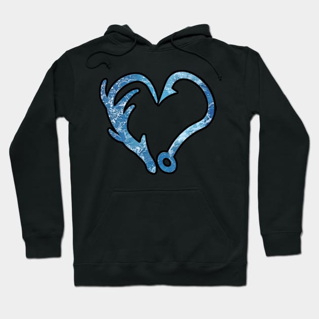 Fishing and Hunting - Deer Antler & Fishing Hook Heart Hoodie by Trade Theory